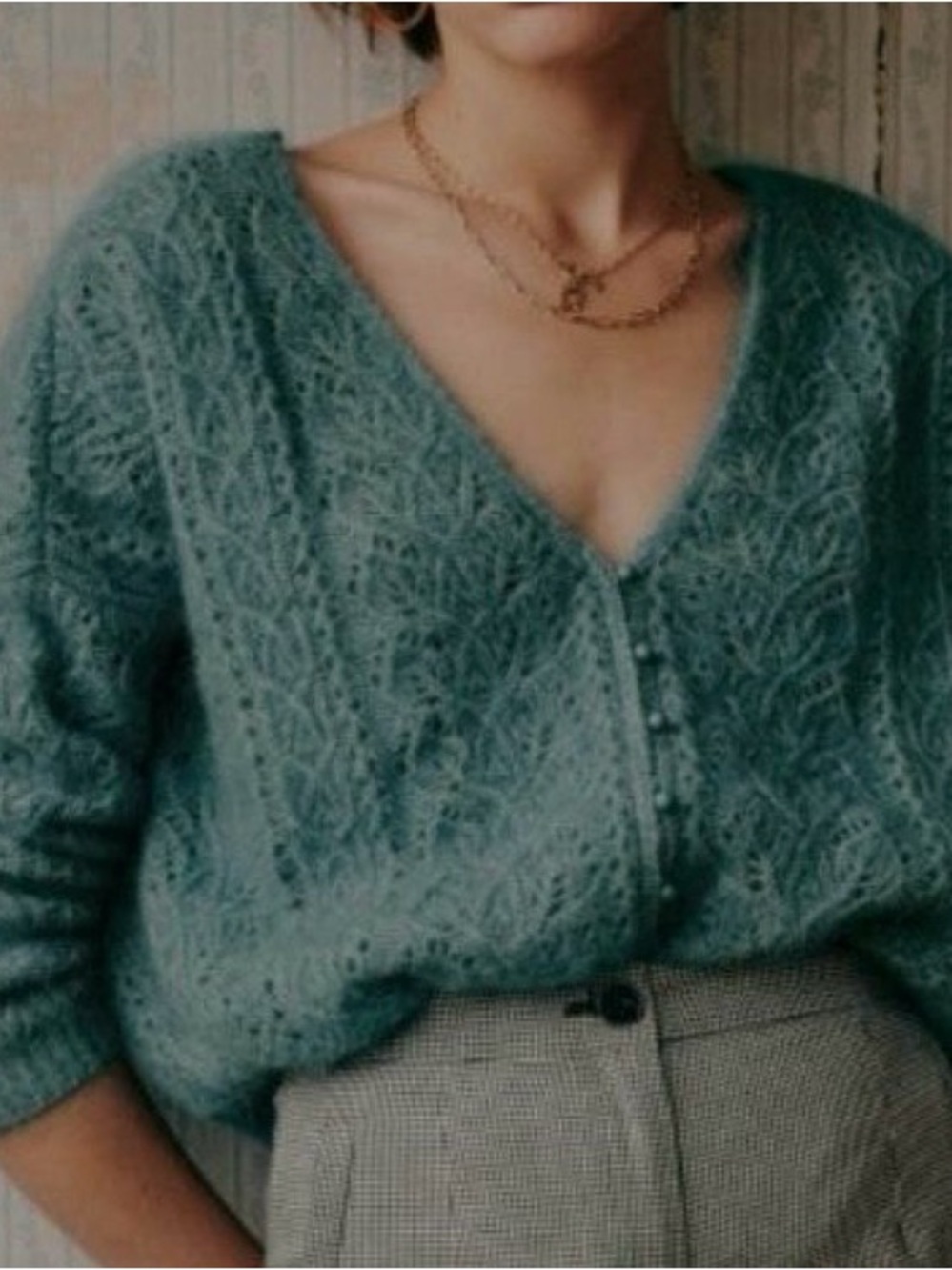 CLOSET CLOSING - Last Call! Sezane Teal Lace Knit V-Neck Sweater Cardigan - Picture 3 of 5
